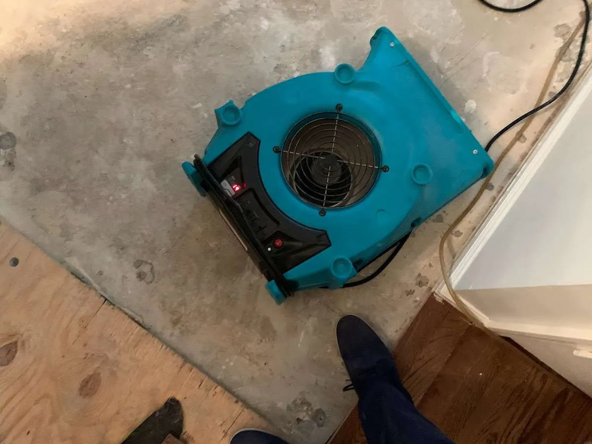 Air mover drying subfloor during Commercial Water Damage Restoration in Sherman